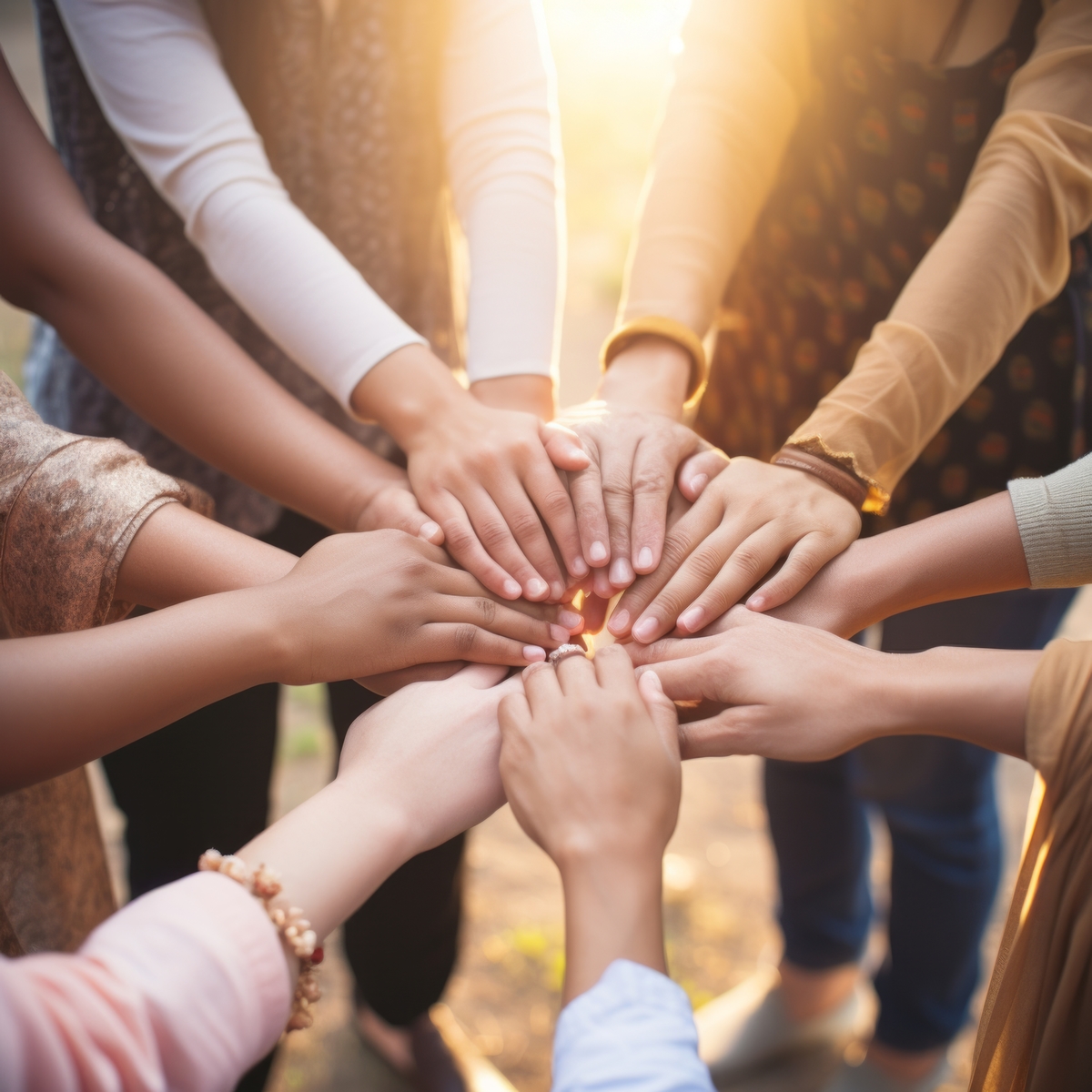 A group of people gather in a circle, placing their hands together in unity, illuminated by gentle sunlight in a tranquil setting.